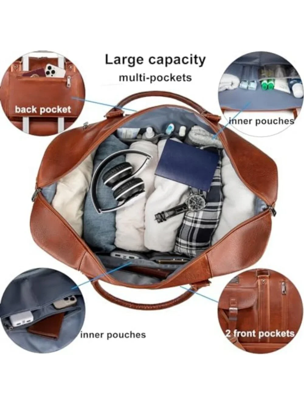 Large Faux Leather Weekender Duffel Bag with Shoes Compartment & Waterproof
